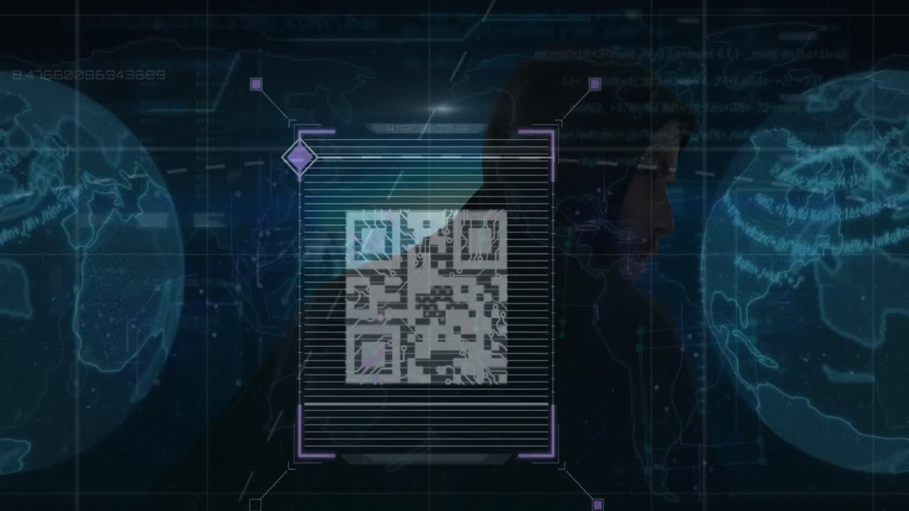 animación de código qr con globos y procesamiento de datos sobre hacker caucásico