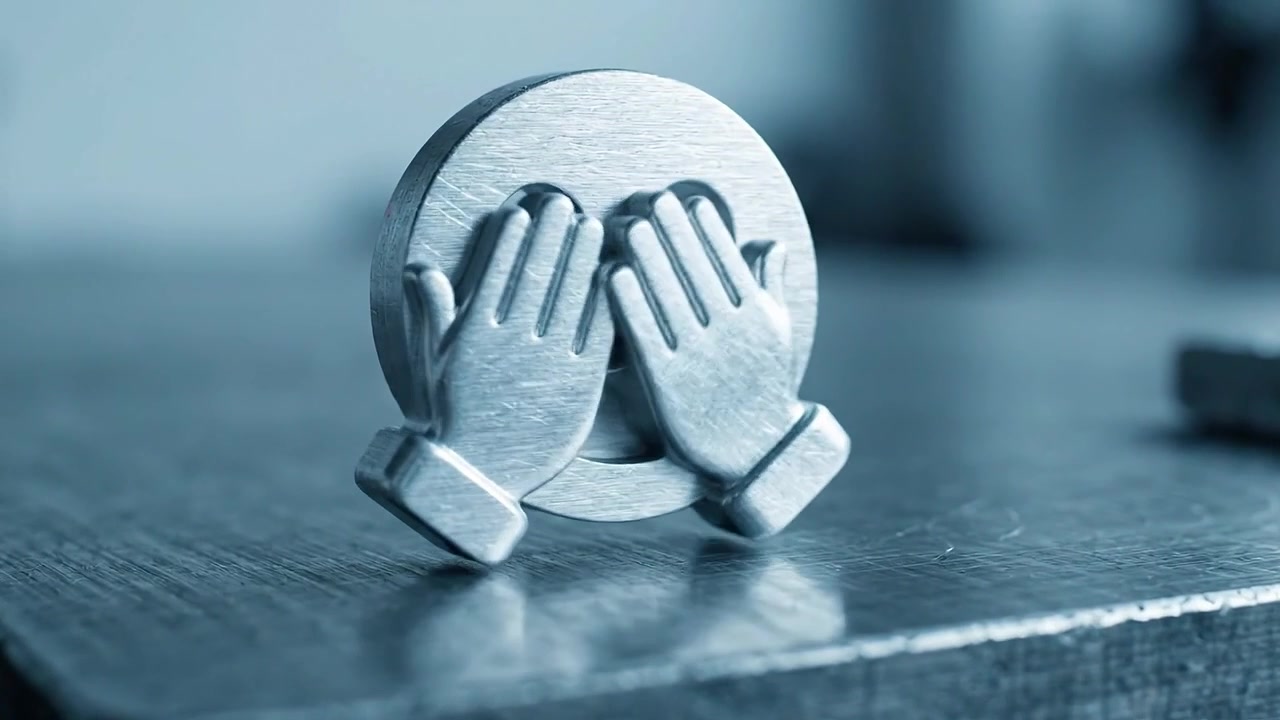 Metallic sculpture of hands covering eyes, symbolizing surprise or secrecy, positioned on a surface in a minimalistic setting with soft focus background.