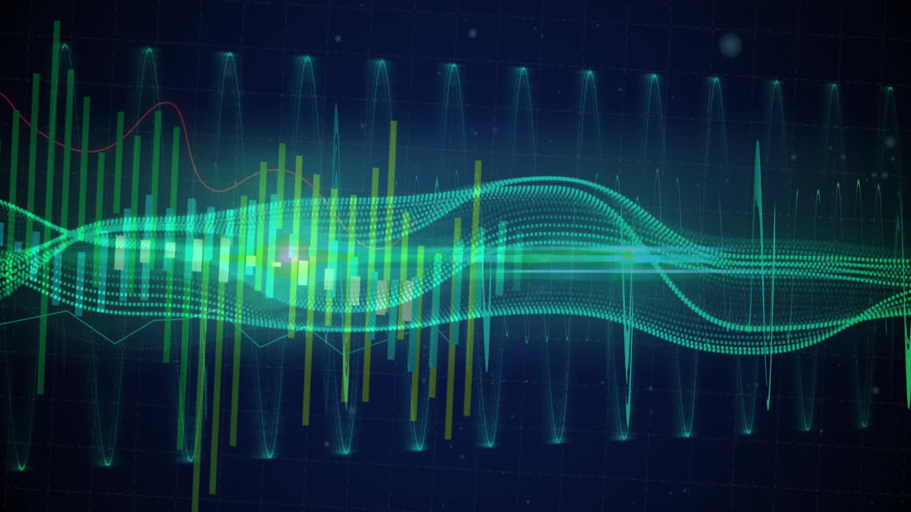 어두운 파란색 배경에 소리 파동과 주파수 바 애니메이션