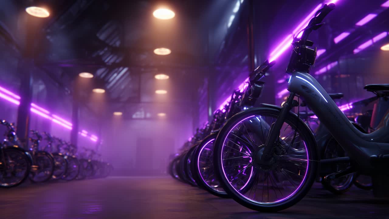 A captivating view of a modern bike storage area, illuminated by glowing purple lights that create a vibrant and futuristic atmosphere. The sleek design of the bicycles enhances the urban aesthetic of the scene