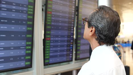 a japanese businessman stands at ben gurion airport in israel, looking at the arrivals and departures board