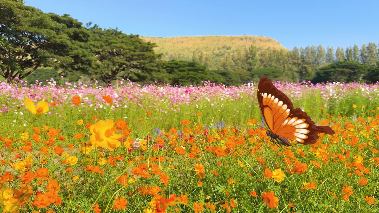 Orange-brown butterflies flutter gracefully over a colorful meadow, set against a clear blue sky and lush greenery