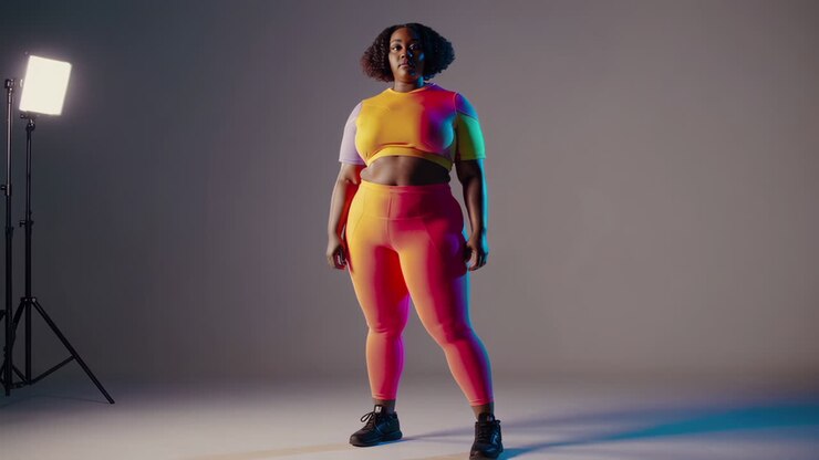 Stilfuld plus size-kvinde i farverigt sportstøj
