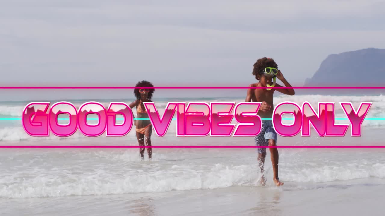 animación de buenas vibraciones sólo texto con niños afroamericanos en la playa