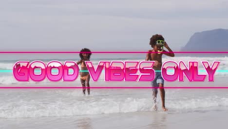 Animation-Von-Good-Vibes,-Nur-Text-Mit-Afroamerikanischen-Kindern-Am-Strand