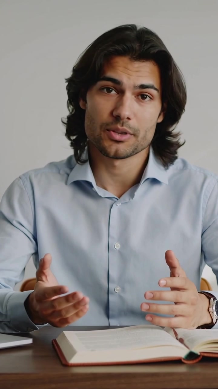 Vertical video: Camera starting, man wearing blue shirt explaining with gestures over book, laptop
