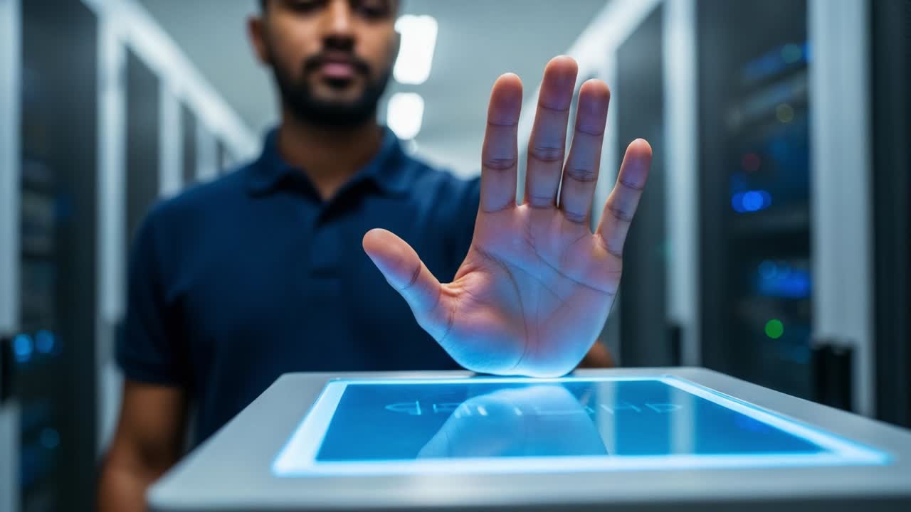 A Secure Digital Interaction: A Technology Professional Using Biometric Access Control with a Hand Gesture on a Touchscreen Interface in a Modern Data Center Environment