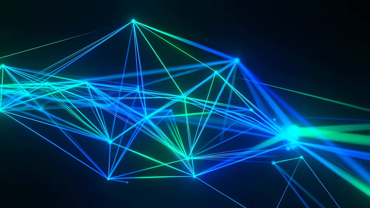 Abstraktní modré a azurové světelné linie spojují jasné uzly na tmavém prázdném pozadí, tvořící futuristickou síť s jemnou září, hloubkou a silným kontrastem.