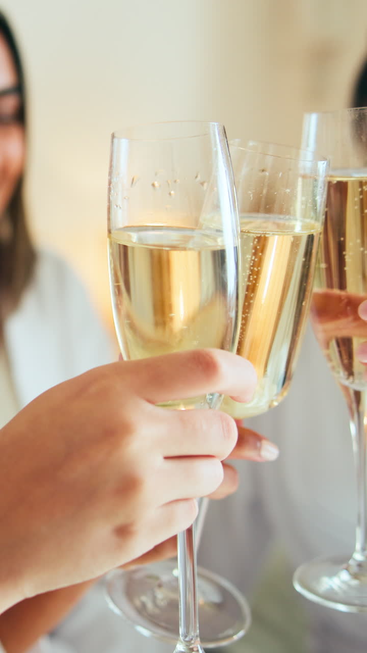 Primer plano de unas manos chocando copas de champán en un brindis