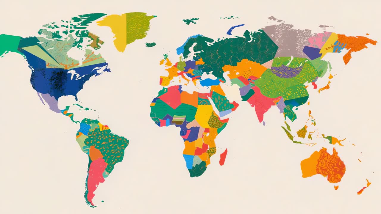 Mappa stilizzata con zoom della camera che si sposta verso Europa, Africa e Asia, rivelando forme di paesi modellate