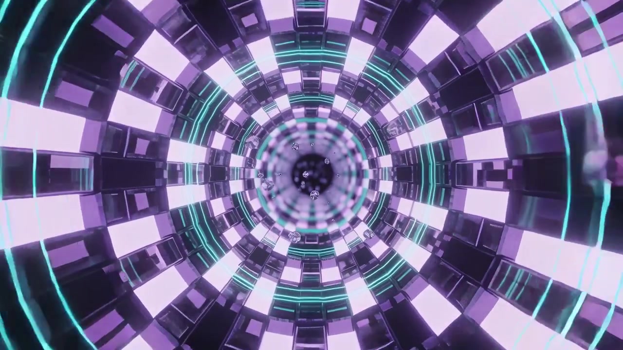 Luci pulsanti spingono un tunnel che avanza in un condotto fantascientifico, con anelli al neon e pannelli viola.