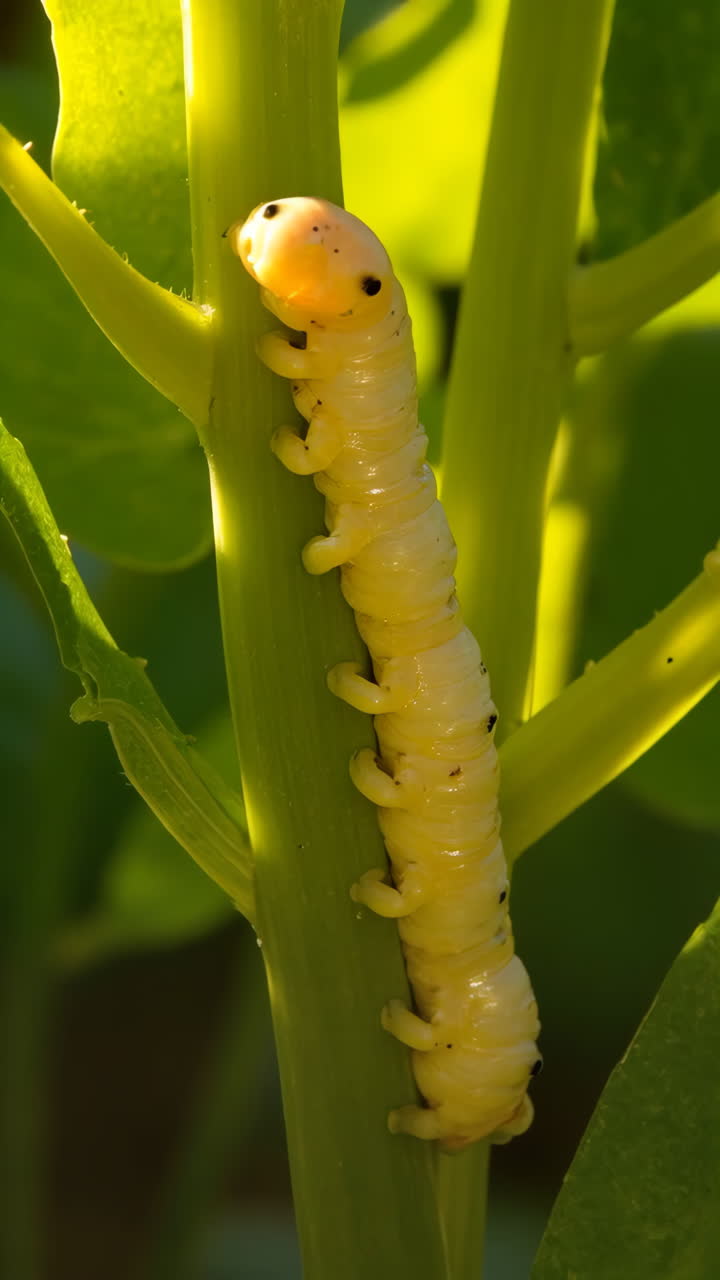 Un bruco giallo su un fusto di pianta verde