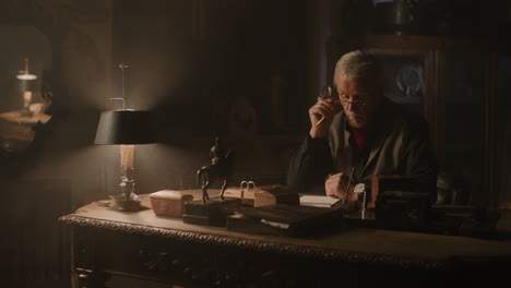 older passionate man evaluates an old watch in his office at night