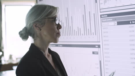 concentrated businesswoman preparing presentation for meeting