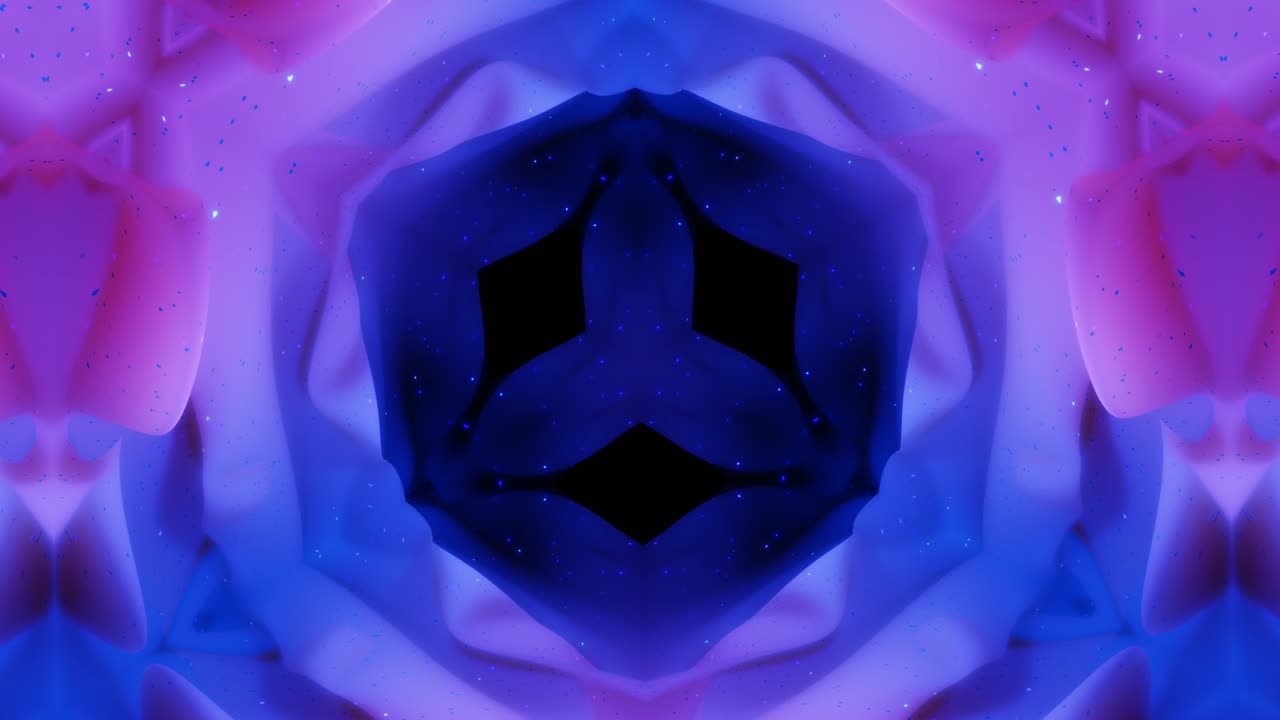 abstract symmetric 3D structures with looped animation, smooth blue purple color gradients, glow glitter. Kaleidoscope effect with abstract fractal waves. Beautiful abstract bg with 3d pattern. DOF