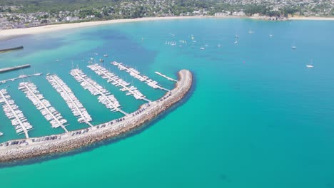 aerial drone view of crozon harbor in france with rows of boats and yachts