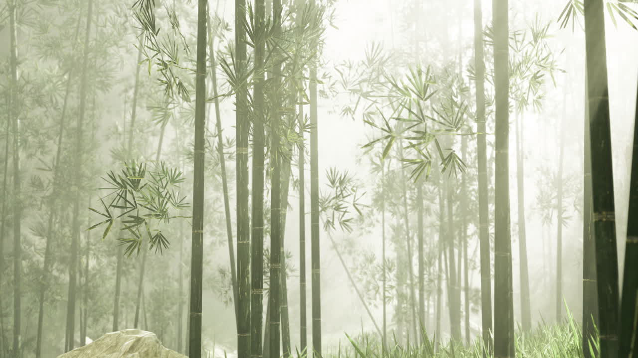 Lush bamboo forest enveloped in mist on a tranquil morning