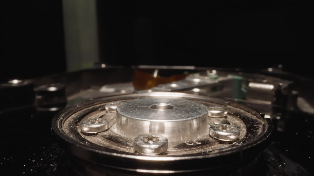 hdd abierto con mecanismo detallado que refleja la luz del estudio