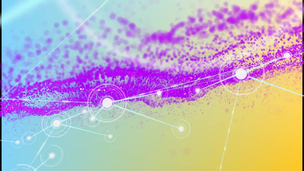 Animación de red de conexiones sobre onda digital morada en fondo degradado azul y amarillo.