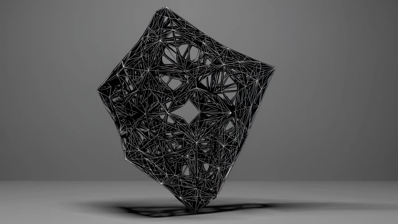 Abstrakte schwarze geometrische Skulptur mit komplexen Linien, aus niedriger Perspektive aufgenommen
