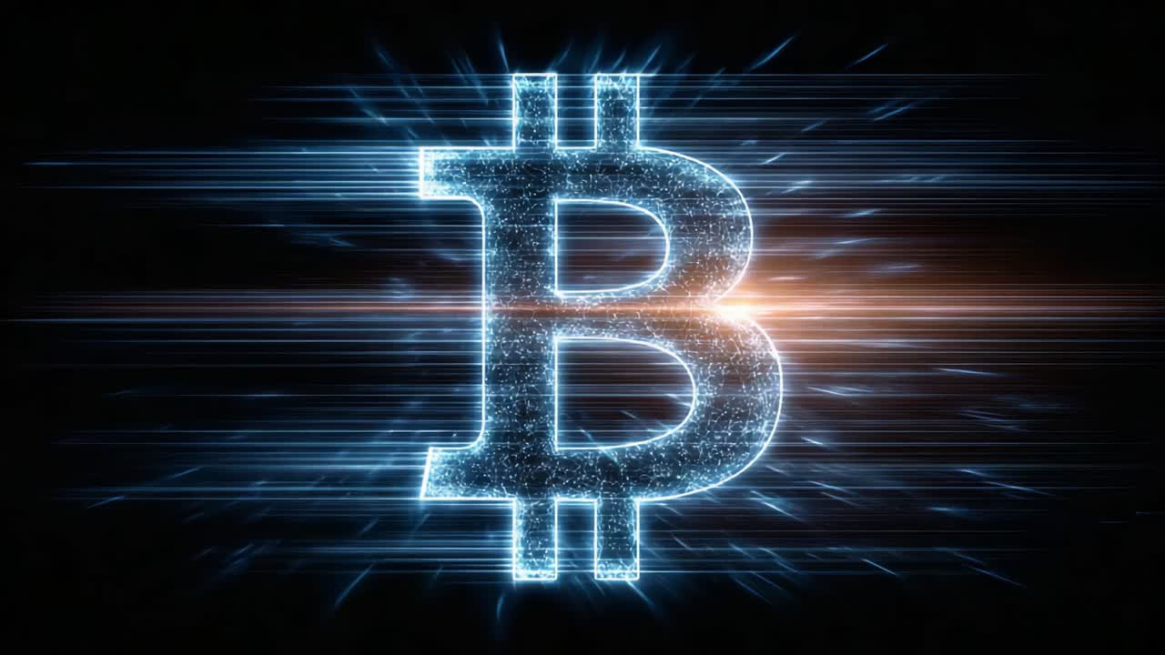 Dynamic Visualization of Cryptocurrency Symbol: A Stunning Animation Showcasing the Bitcoin Logo with Vibrant Light Effects and Futuristic Aesthetic