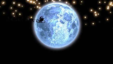 animation of santa claus in sleigh with reindeer over moon and stars