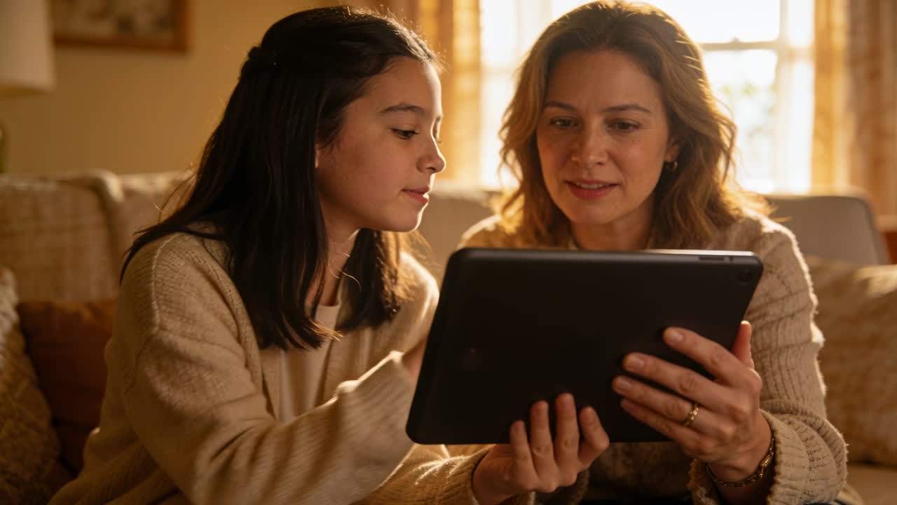 Reaching daughter tapping tablet, mother leaning in on couch at home, sharing content in sweaters