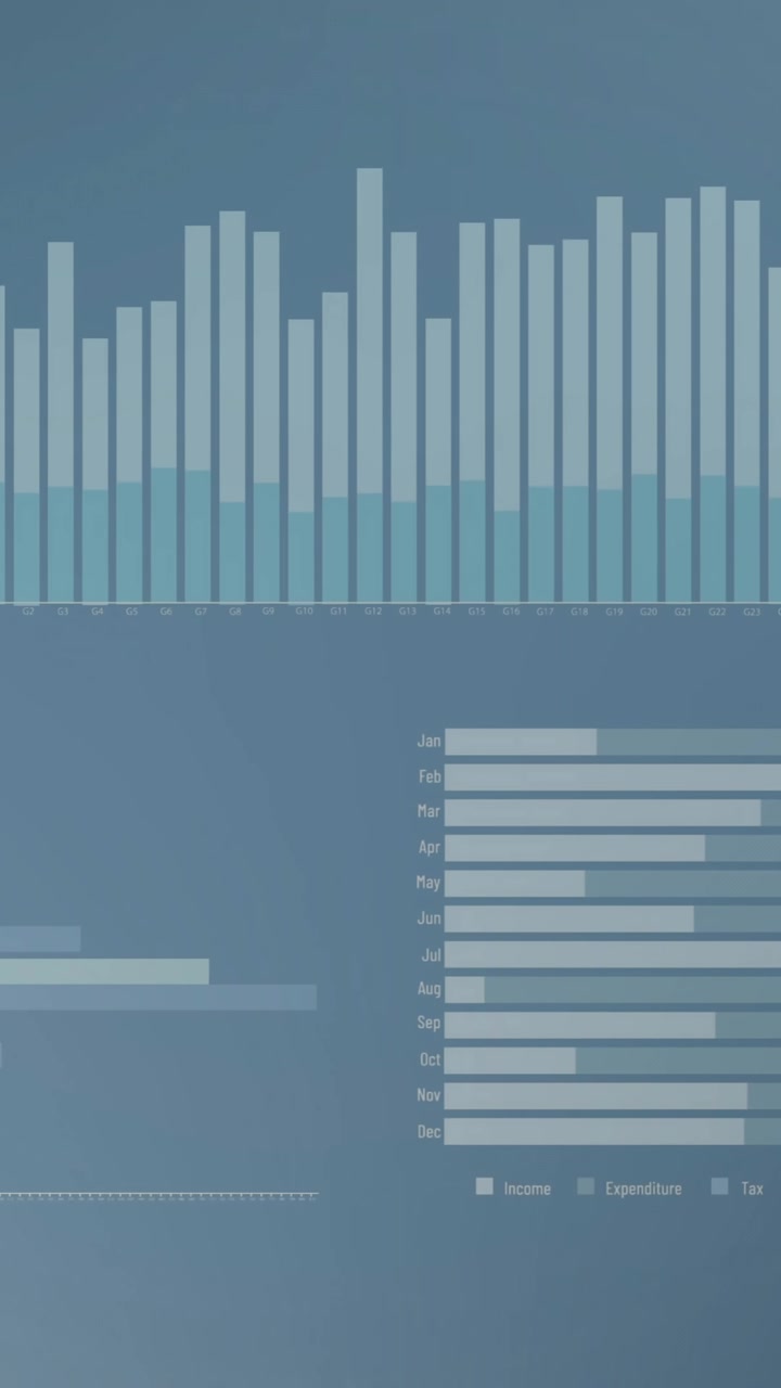 Animazione di diagrammi ed elaborazione dati su sfondo blu