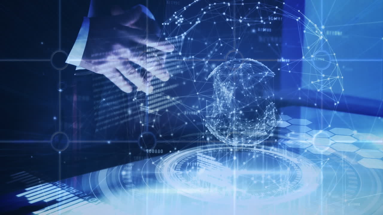 Animation of globe and data processing over mid section of businessman touching futuristic screen