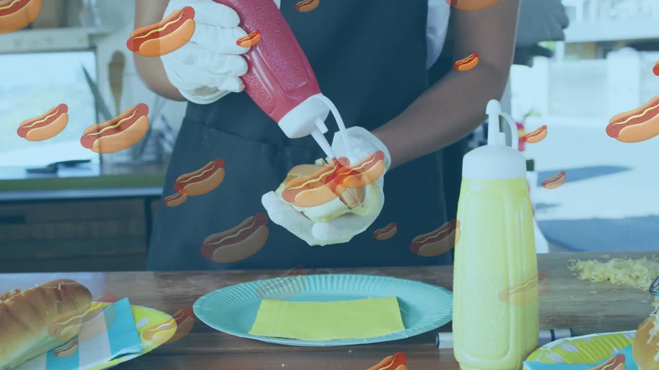 animación de perritos calientes sobre vendedor de comida afroamericano preparando perritos calients en el camión de comida