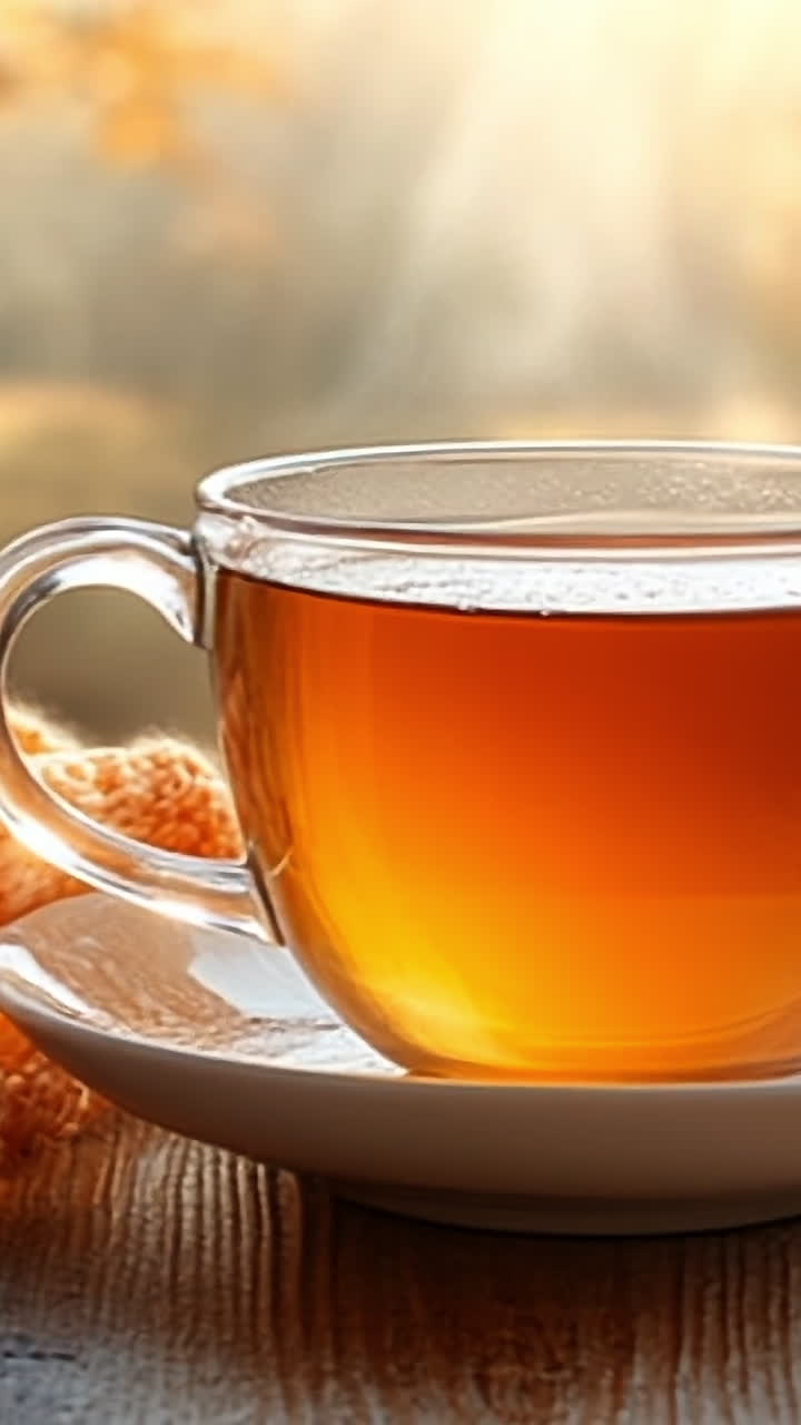 Warm cup of tea in autumn sunlight. A clear cup filled with tea sits on a wooden table beside a cozy knitted scarf. Autumn leaves are scattered around.
