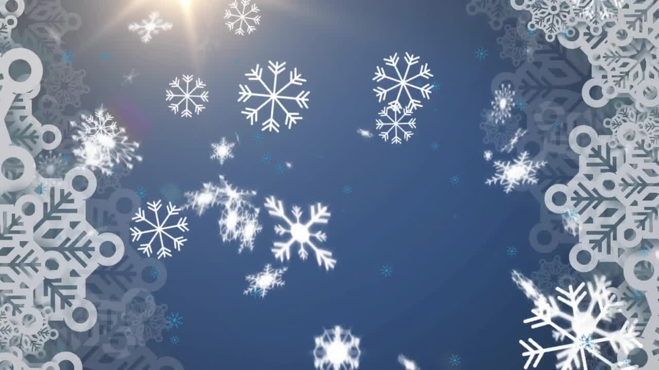 animación de nieve cayendo sobre senderos de luz en fondo azul en navidad