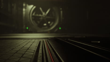 un piso de metal con una rejilla de metal, una puerta en la distancia y una gran rueda de metal en el fondo.