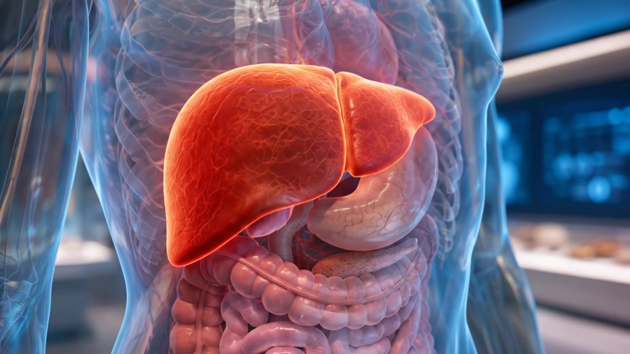 Transparent human torso with highlighted liver and digestive organs inside futuristic laboratory