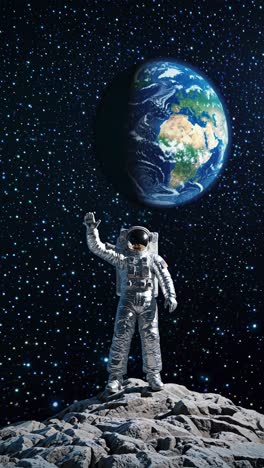 a low-angle shot of an astronaut on a rocky surface with earth in the background