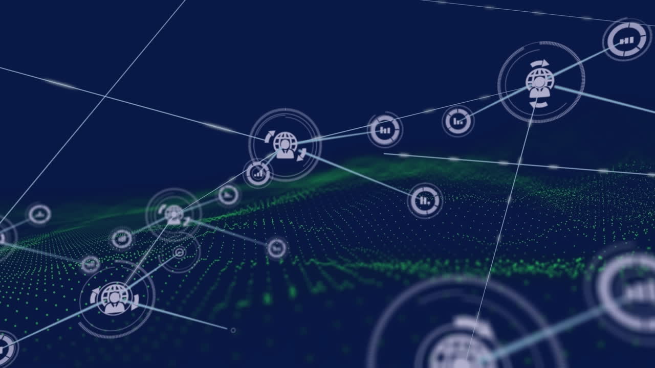 Animation of network of connections with icons over blue background