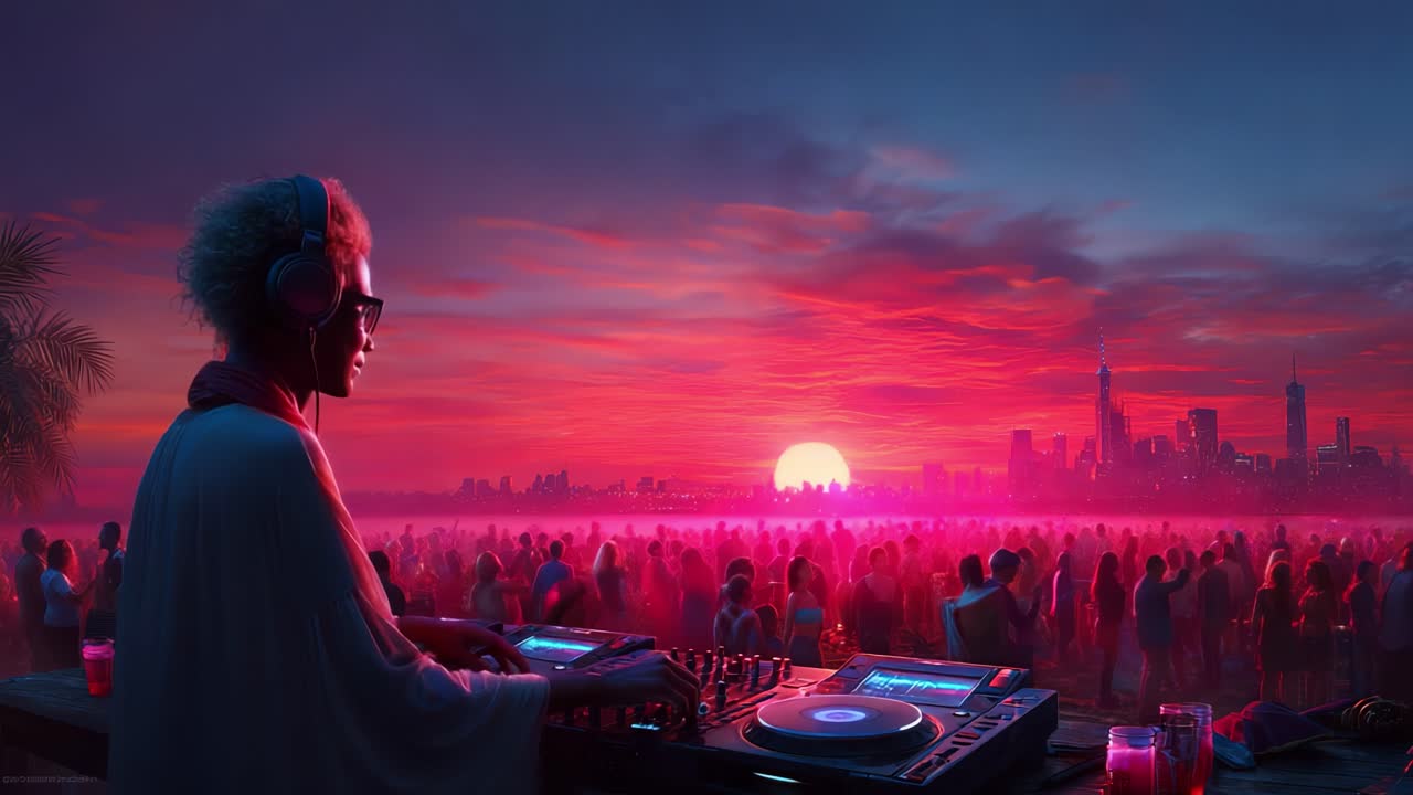 A DJ creates an unforgettable sunset atmosphere at a vibrant outdoor party, where rhythmic beats and colorful lights come together to mesmerize an enthusiastic crowd against a stunning skyline