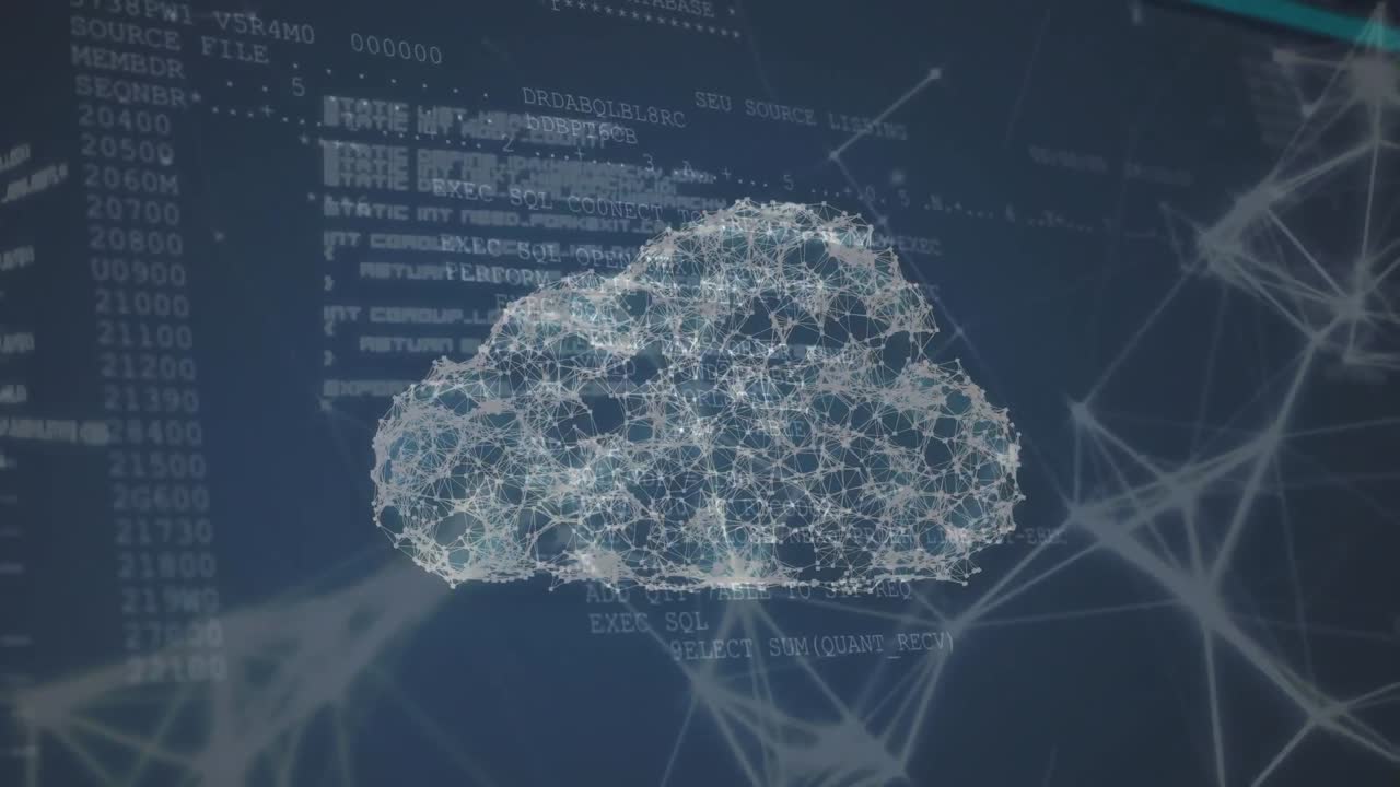 Animation of a cloud network of connections and information moving on black background
