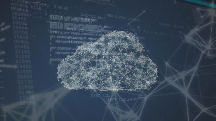 Animation of a cloud network of connections and information moving on black background