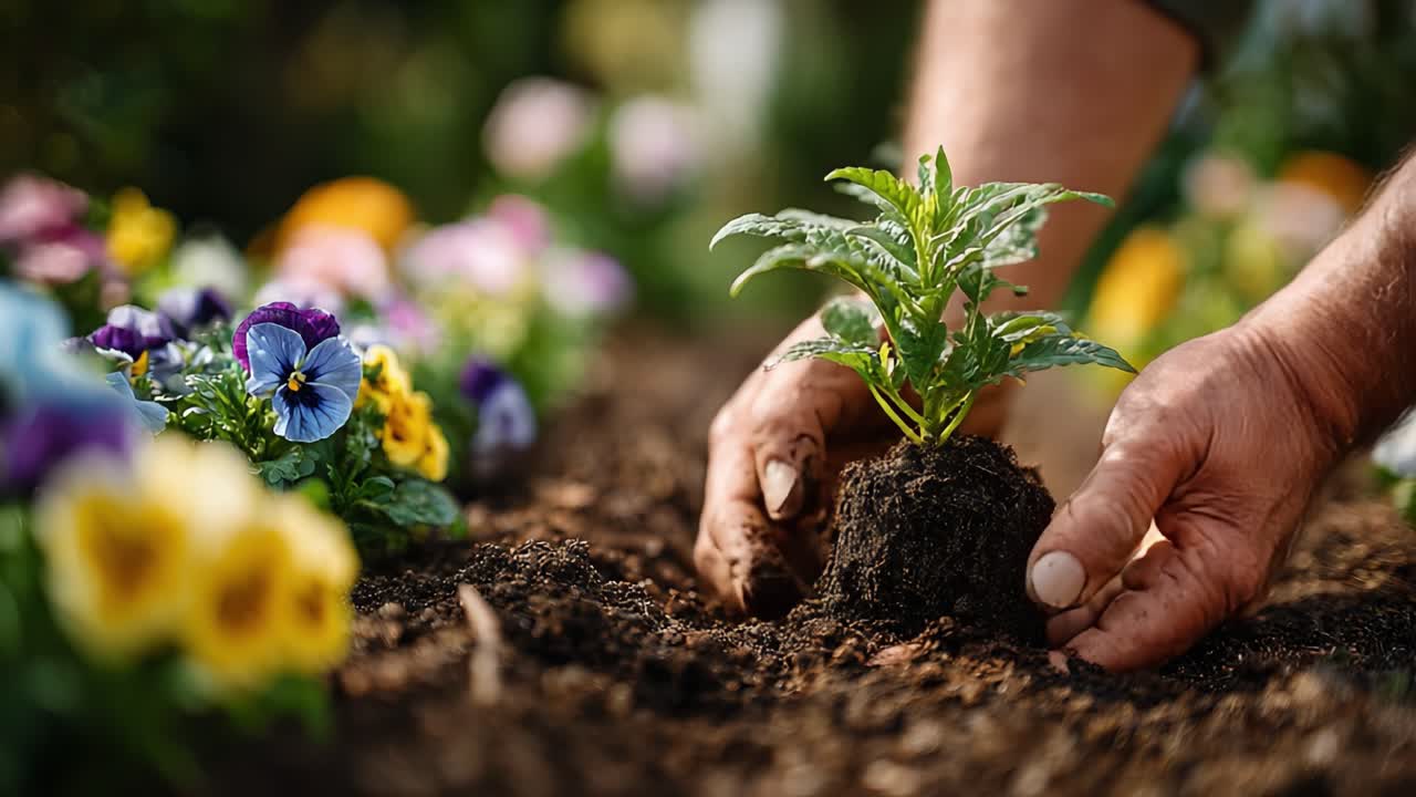 A gardener's hands delicately planting a vibrant young sapling amidst a colorful array of blooming flowers, showcasing the beauty of nature and nurturing life
