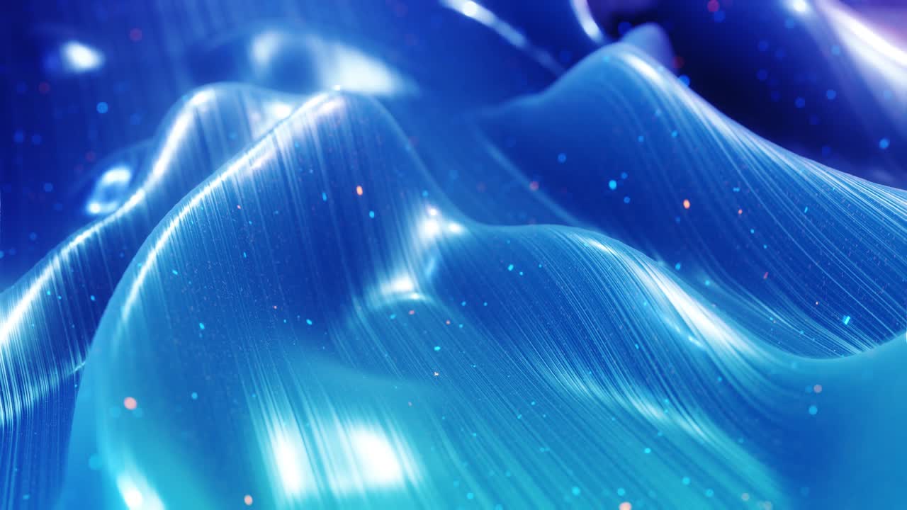 Stylish abstract blue surface as fantastical festive bg. Looped background, waves move on glossy surface like landscape made of liquid blue wax with sparkles. Beautiful soft bg with smooth animatin 4k