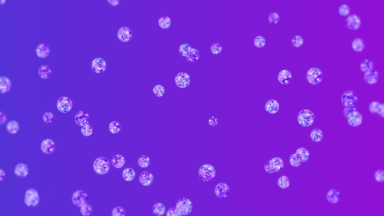 보라색 배경에 많은 은 크리스탈 구를 날아. 투명, 다채로운 유리. 반이는 공 회전의 3d 애니메이션. 루프 애니메이션.