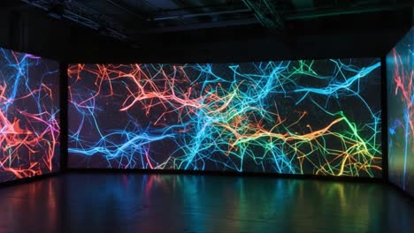 a stunning display of colorful abstract light patterns on large screens, showcasing dynamic neural network visualizations in an engaging environment