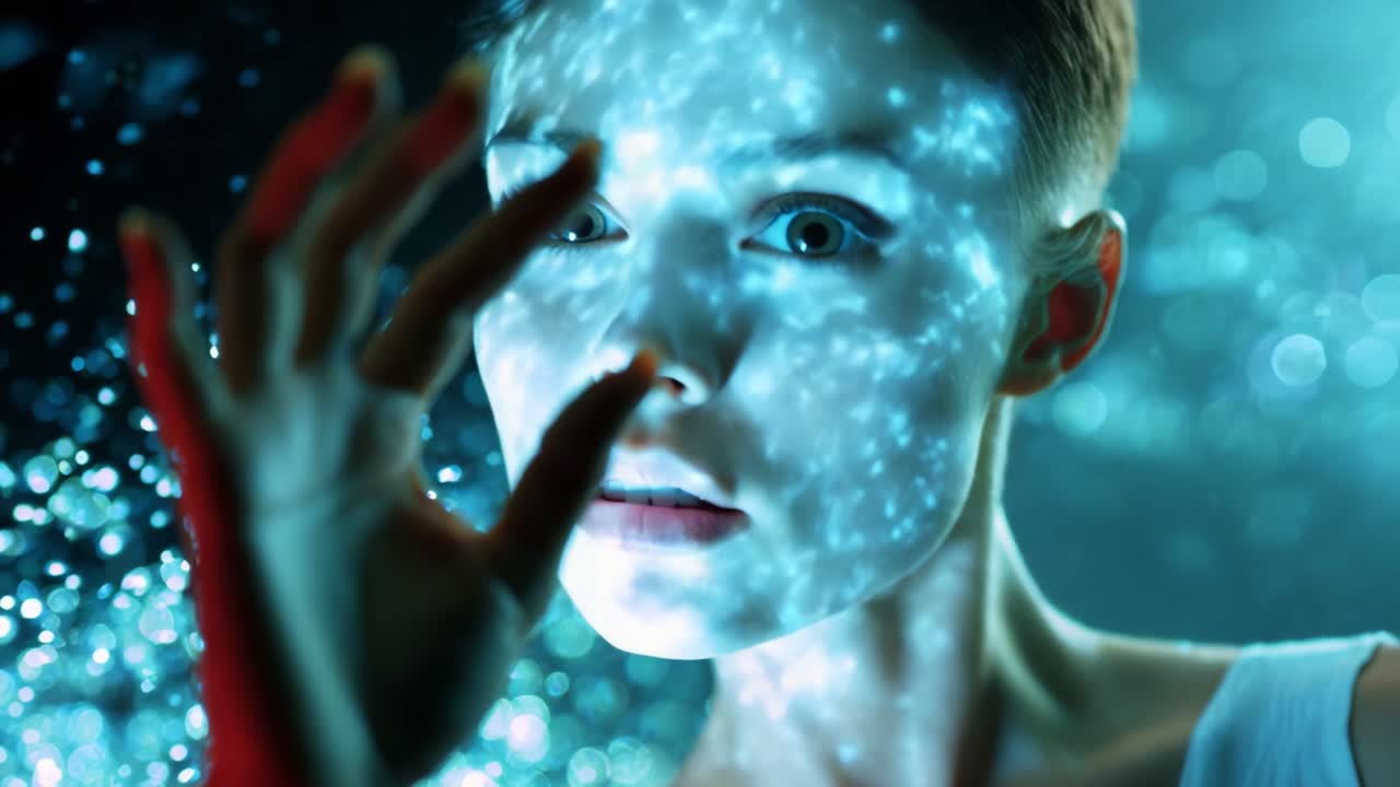 An ethereal exploration of light and emotion, this captivating video showcases a close-up of a woman immersed in a shimmering environment, where reflections create a surreal atmosphere full of wonder and intrigue