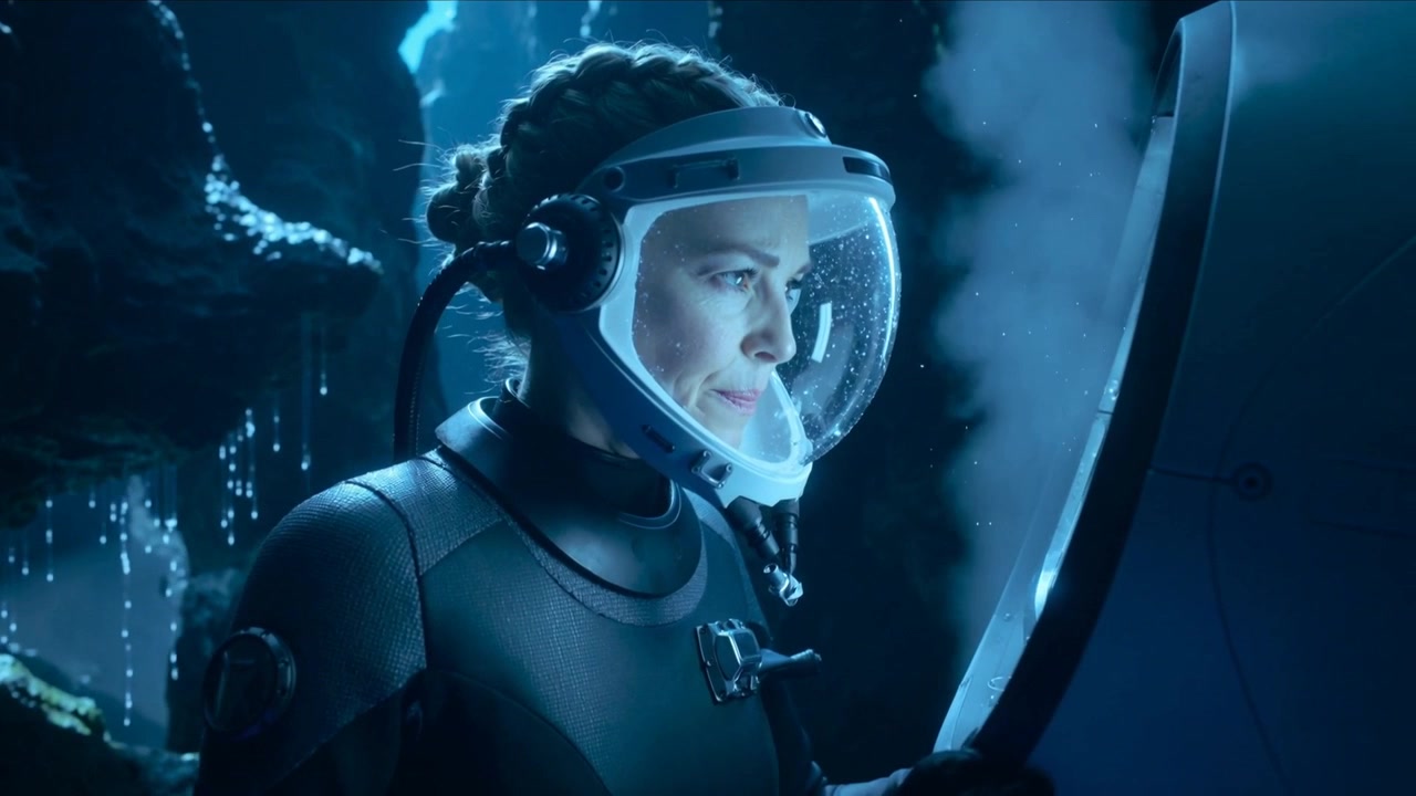 Subacqueo con casco e muta che si china ispezionando un portello in una caverna, valutando la sicurezza mentre la nebbia fuoriesce dalla fessura.
