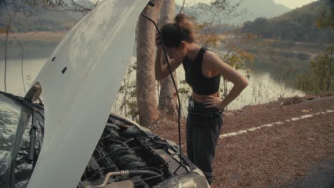 woman with a broken down car by the lake