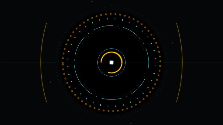 Interfaccia HUD digitale futuristica con elementi circolari rotanti