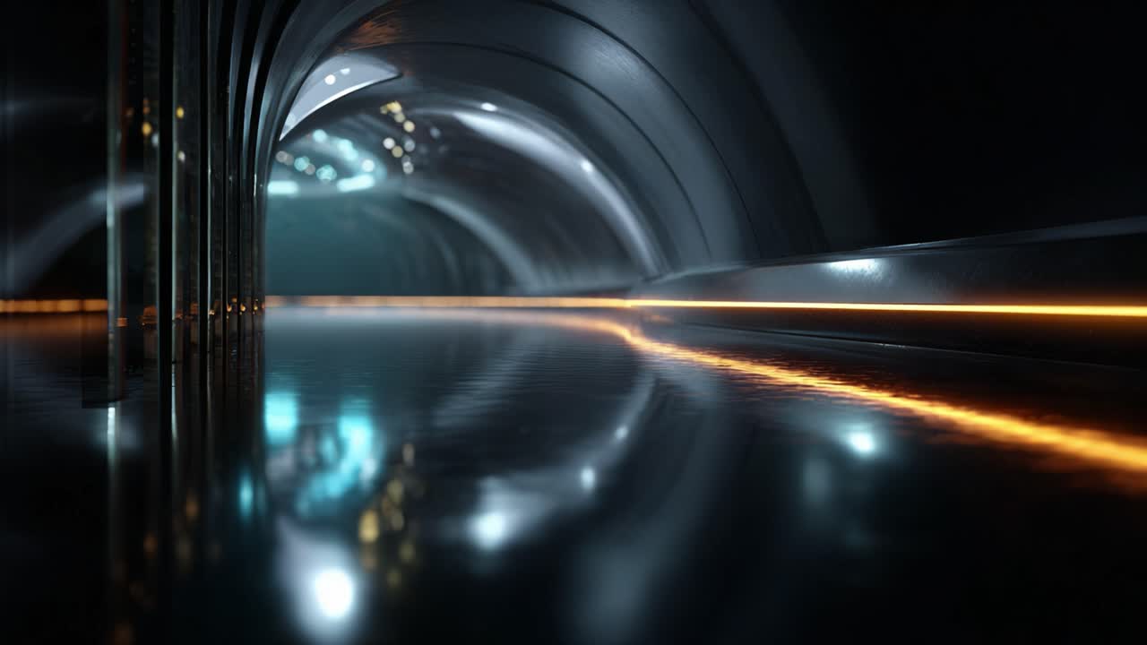 Futuristic tunnel with reflective surfaces and illuminated features creating a surreal and dynamic atmosphere, enhanced by light trails and curves in design