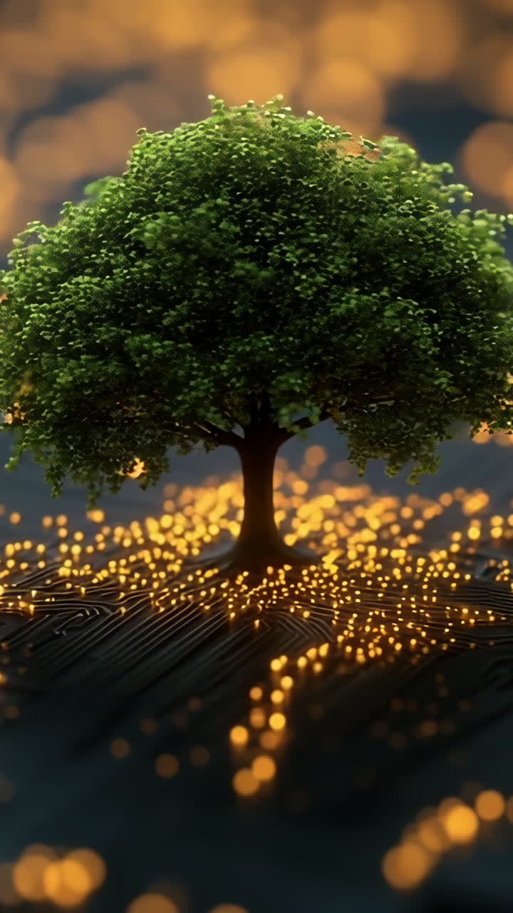 Tree on circuit board lights. A vibrant tree emerges from a circuit board, illuminated by glowing lights, symbolizing nature and technology merging.