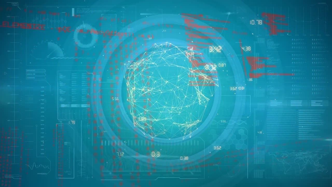 Animation of network of connections over blue background with data processing